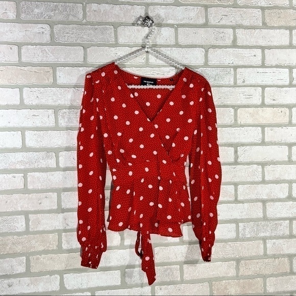 The Kooples Red Polka Dot Faux Wrap Top Size 3=L - Picture 6 of 12